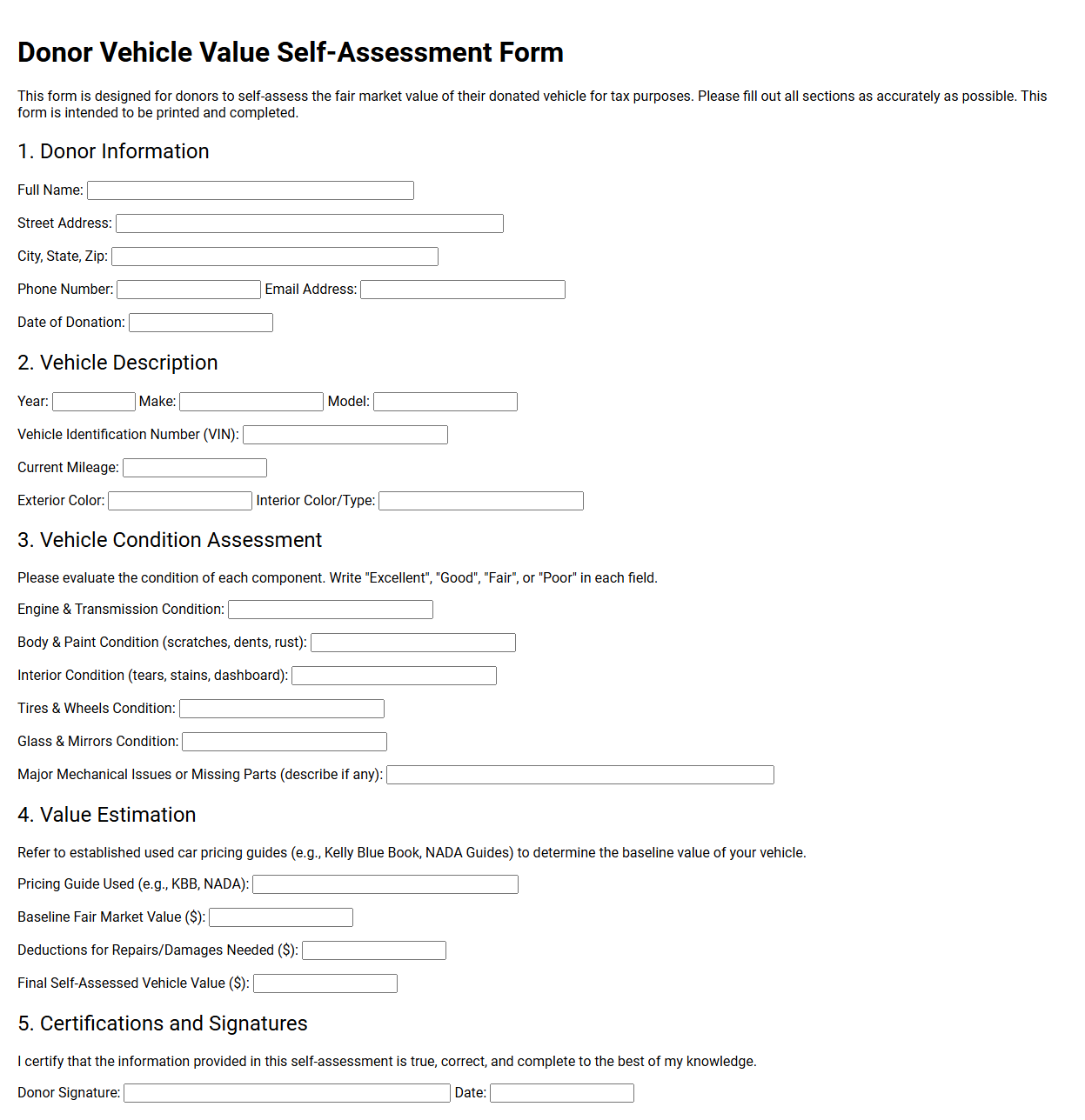 Donor Vehicle Value Self-Assessment Form