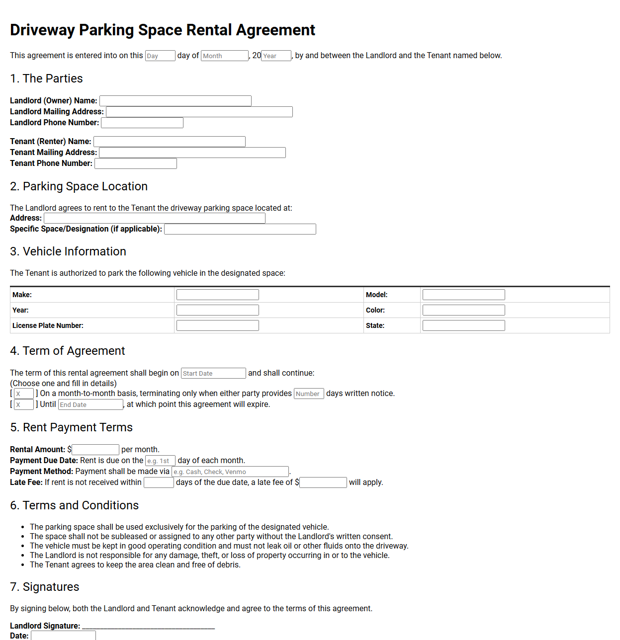 Driveway Parking Space Rental Agreement Form