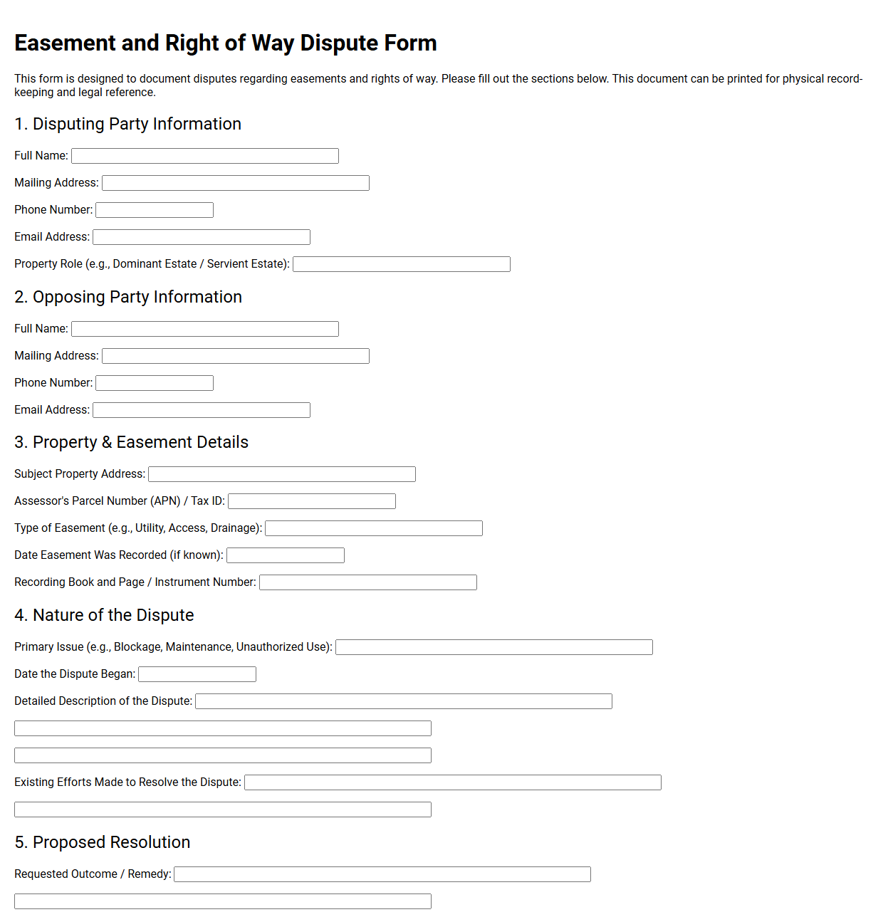 Easement and Right of Way Dispute Form