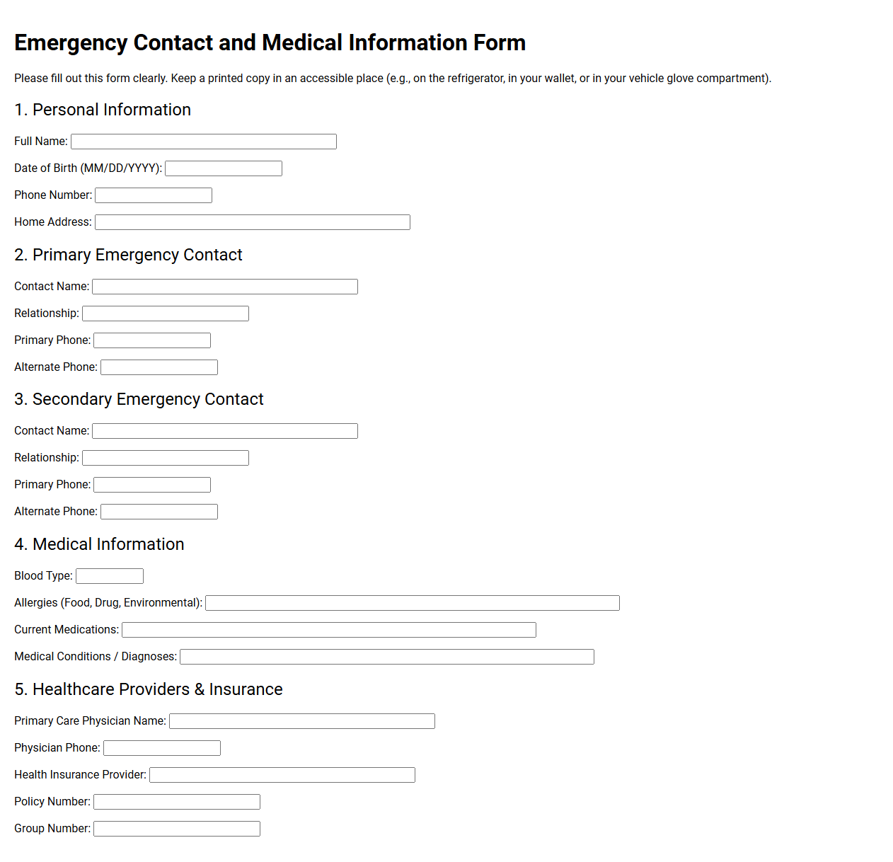 Emergency Contact and Medical Information Form