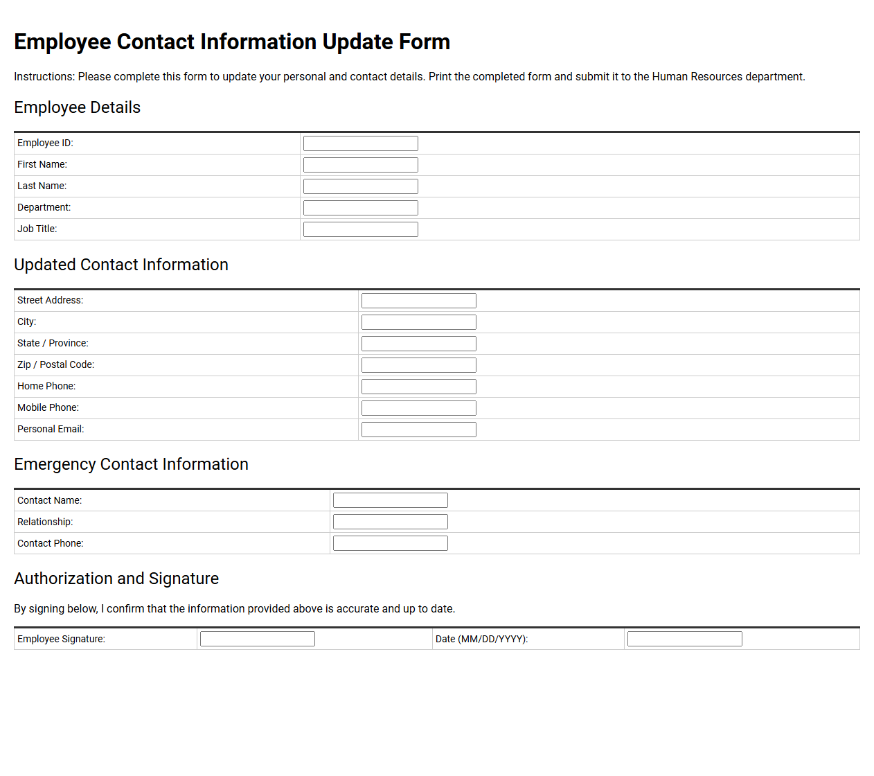 Employee Contact Information Update Form
