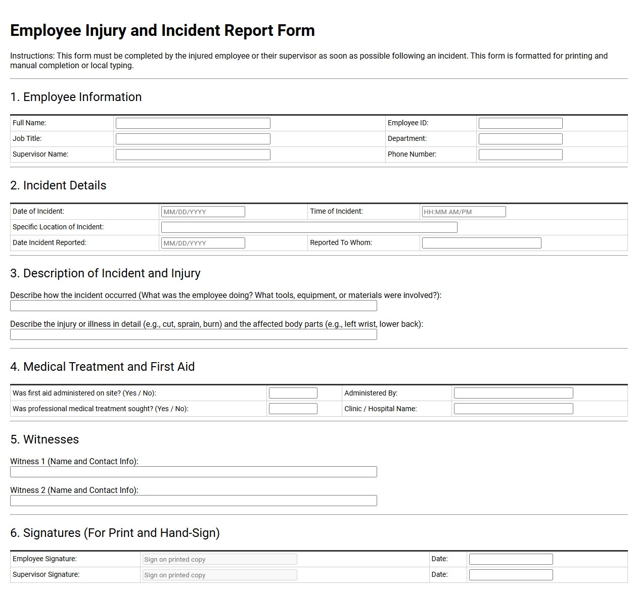 Employee Injury and Incident Report Form