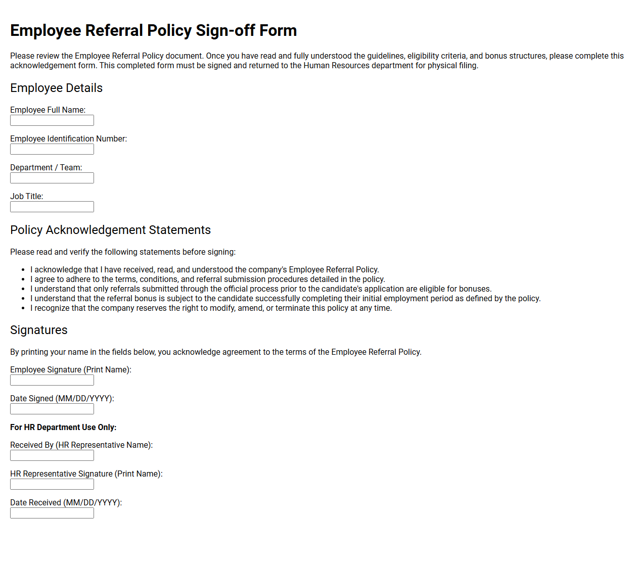 Employee Referral Policy Sign-off Form