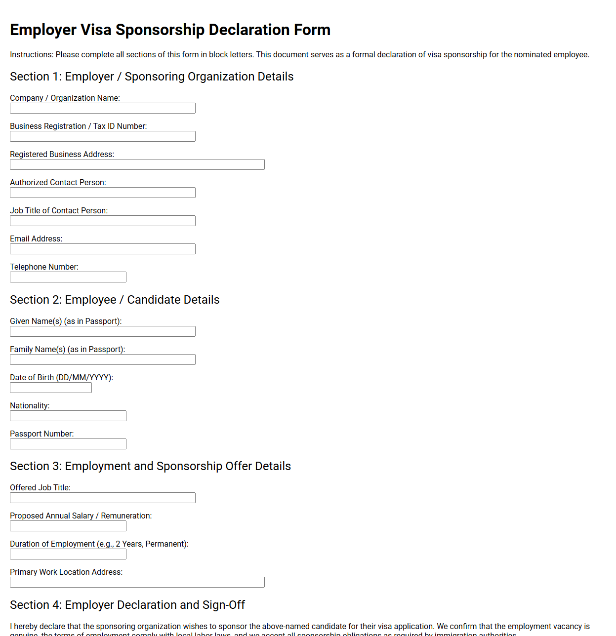 Employer Visa Sponsorship Declaration Form
