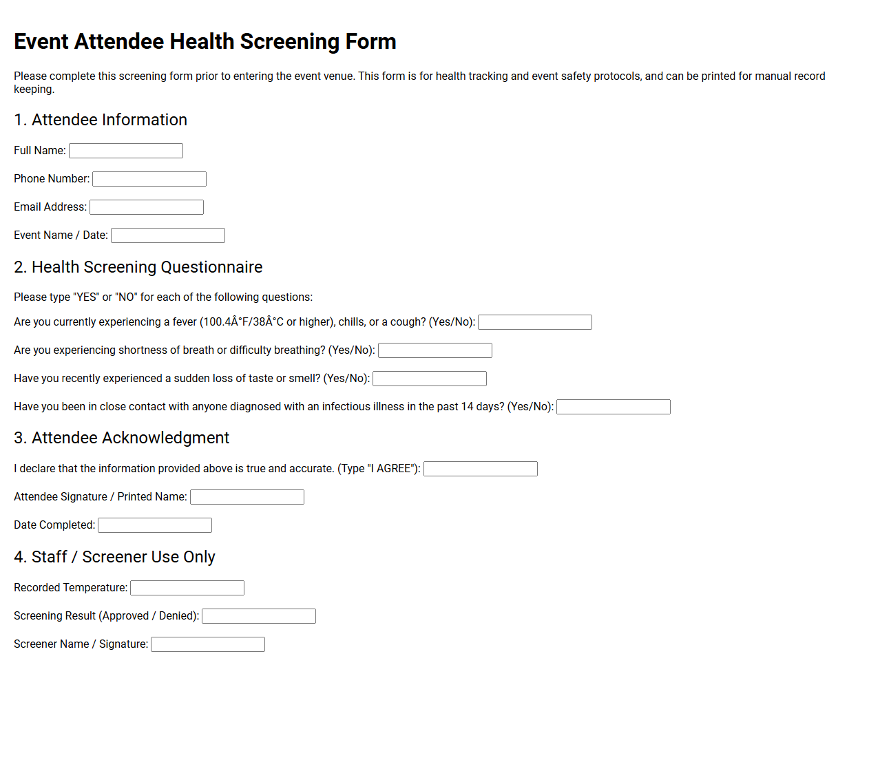 Event Attendee Health Screening Form