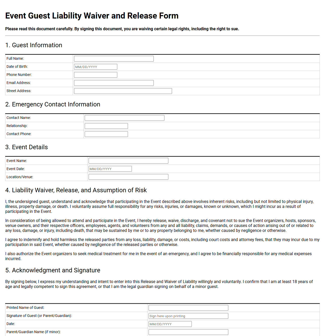 Event Guest Liability Waiver Template