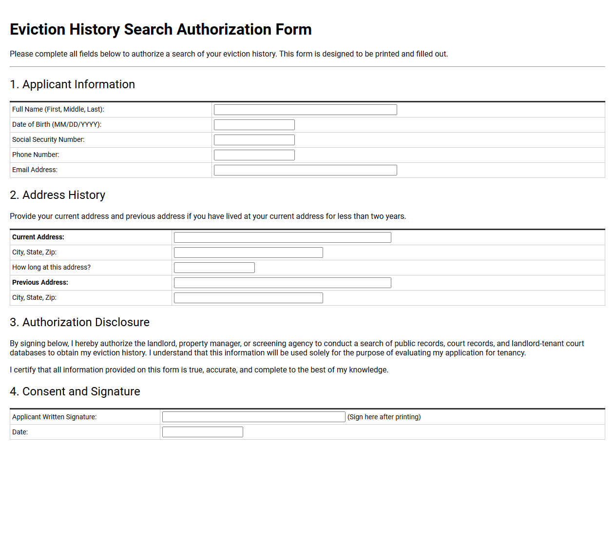 Eviction History Search Authorization Form