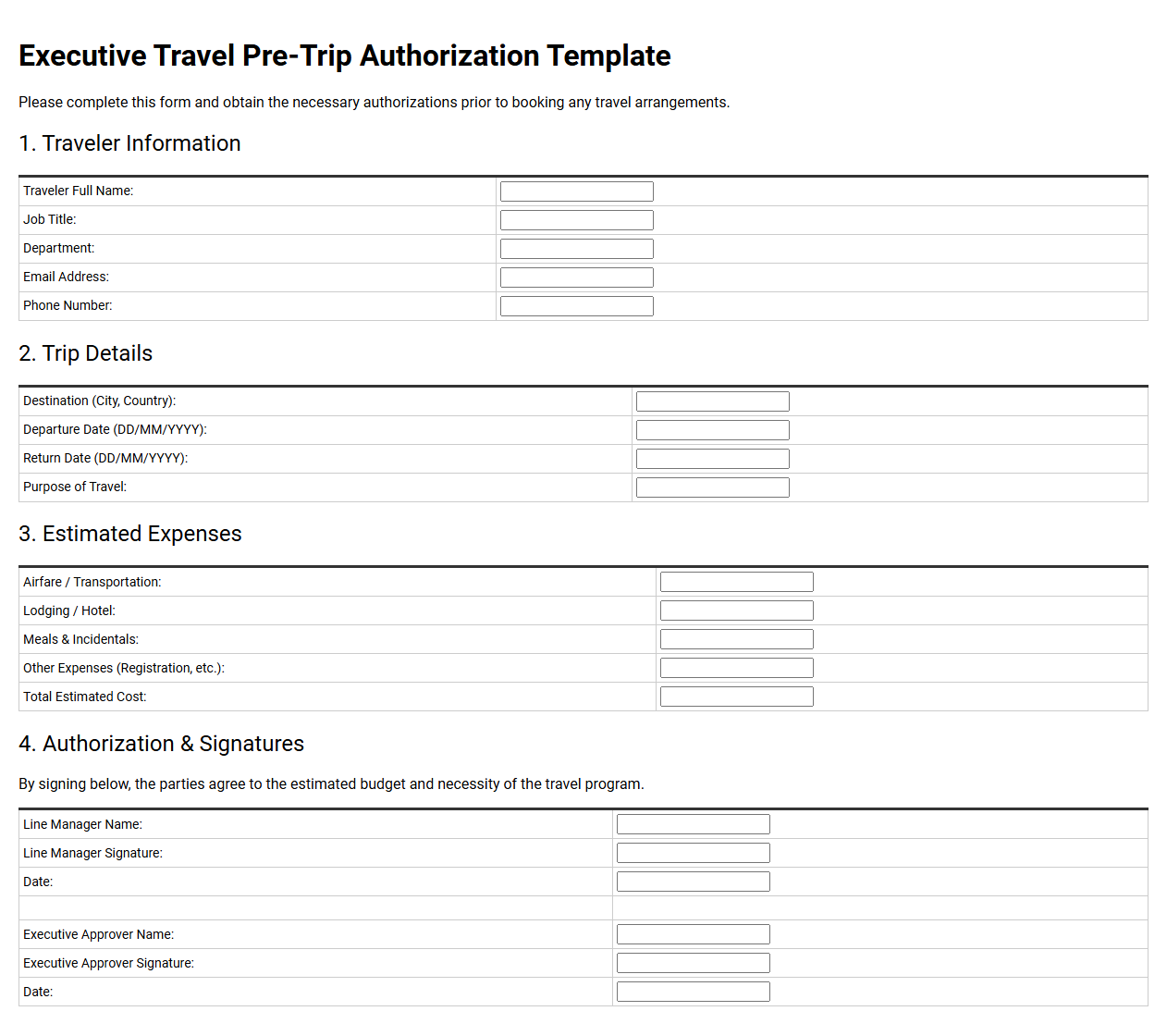 Executive Travel Pre-Trip Authorization Template