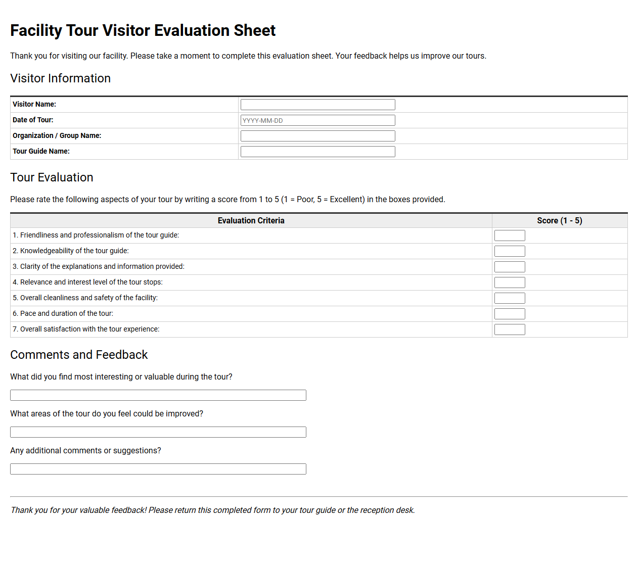 Facility Tour Visitor Evaluation Sheet