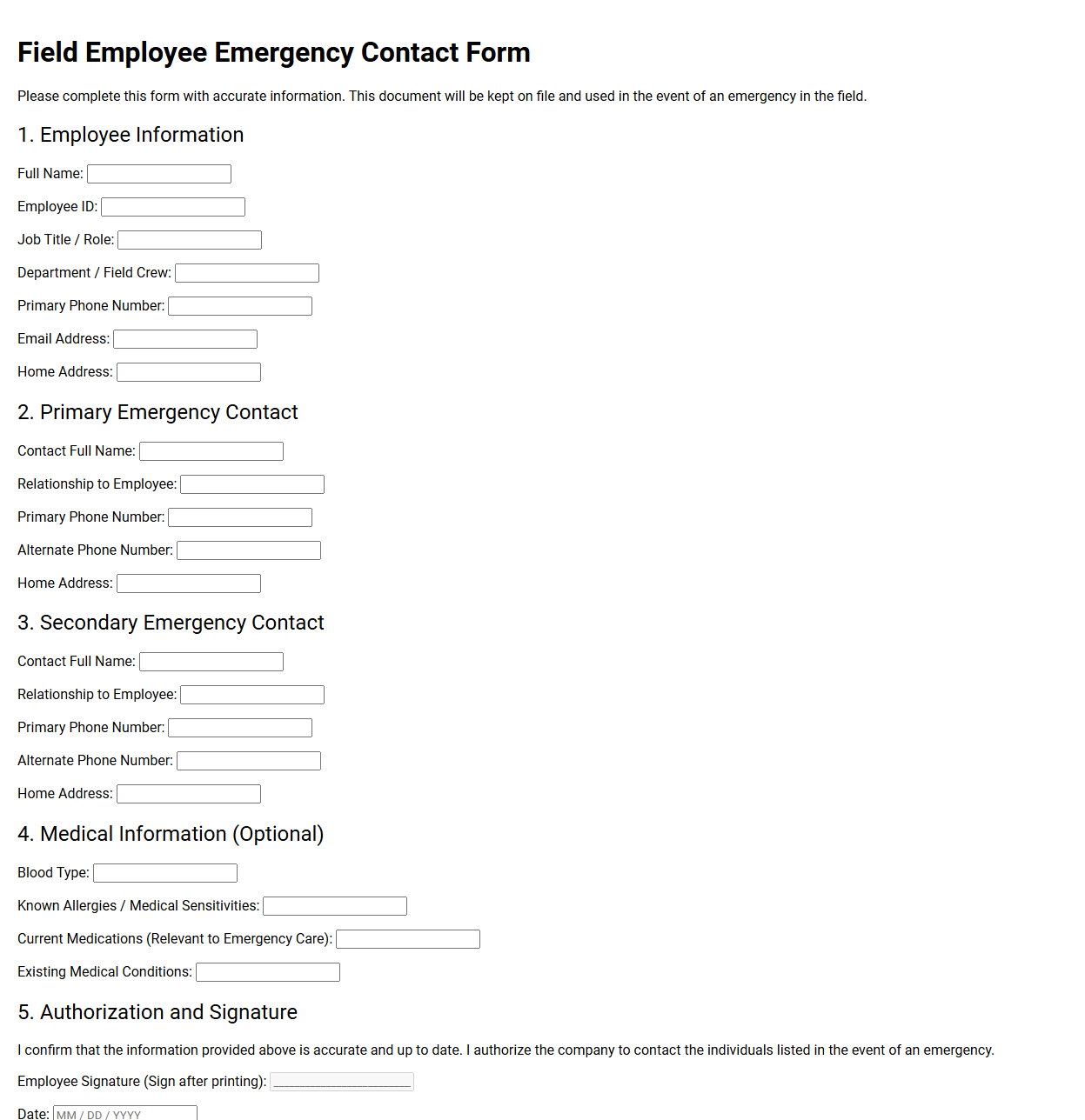 Field Employee Emergency Contact Form Template