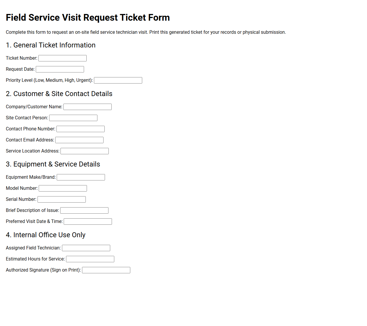 Field Service Visit Request Ticket Form