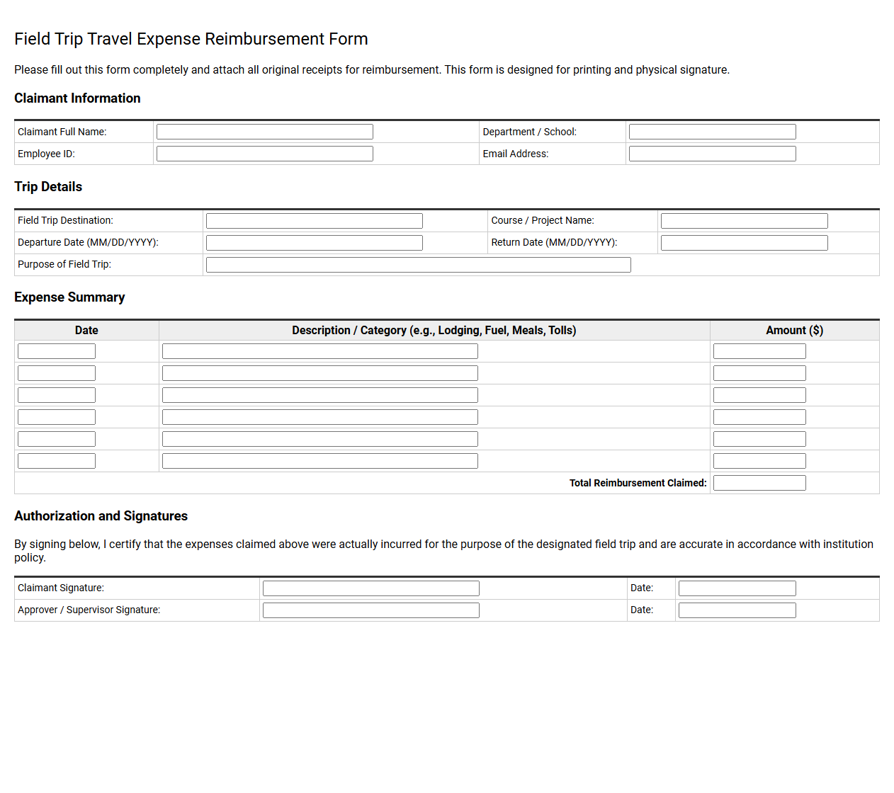 Field Trip Travel Expense Reimbursement Form