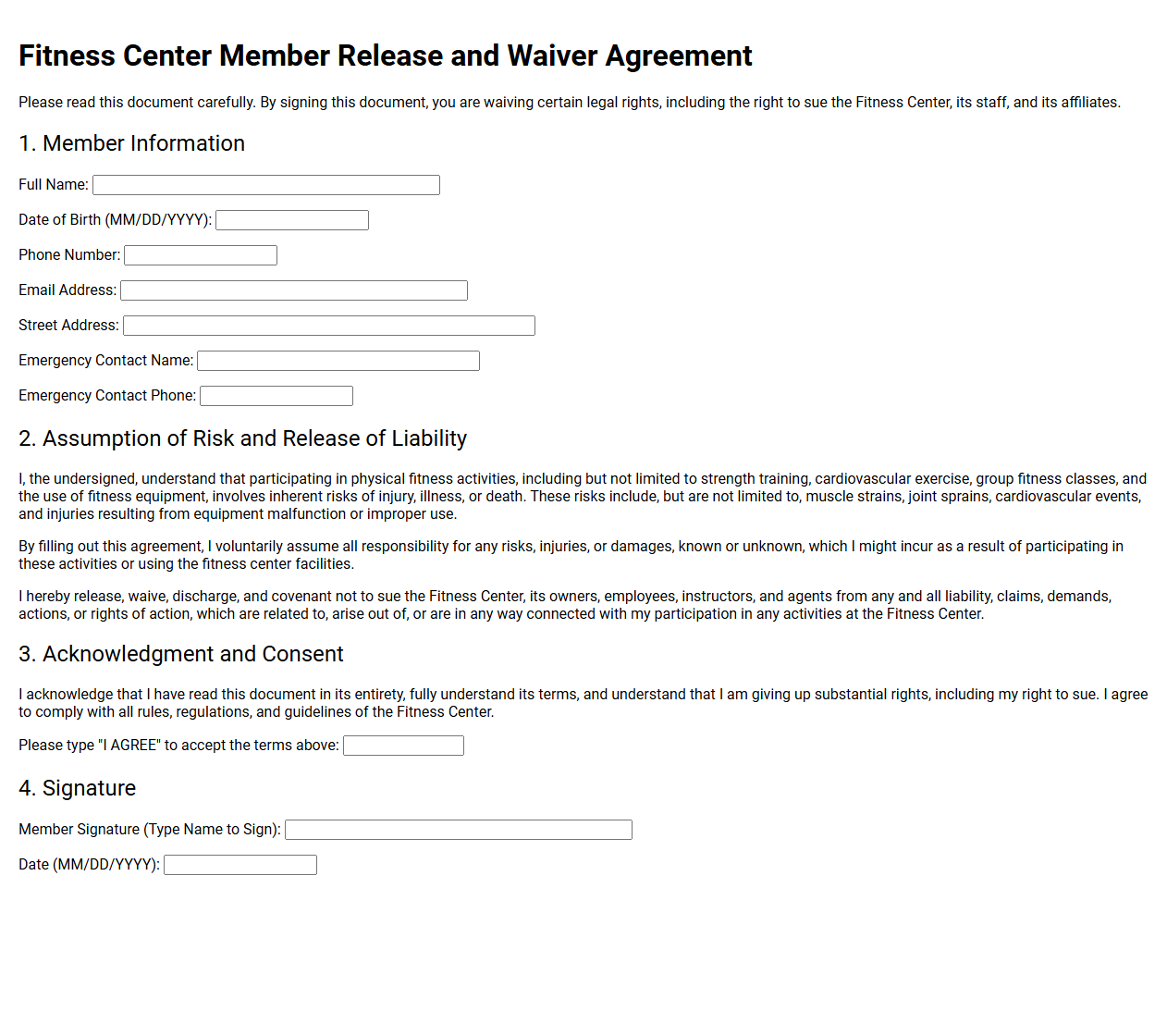 Fitness Center Member Release and Waiver Agreement