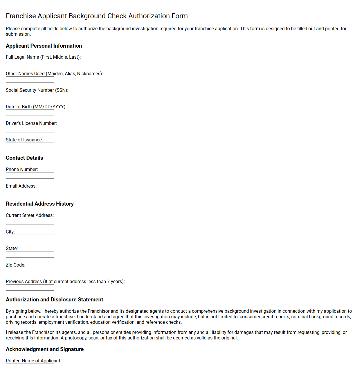 Franchise Applicant Background Check Authorization Form