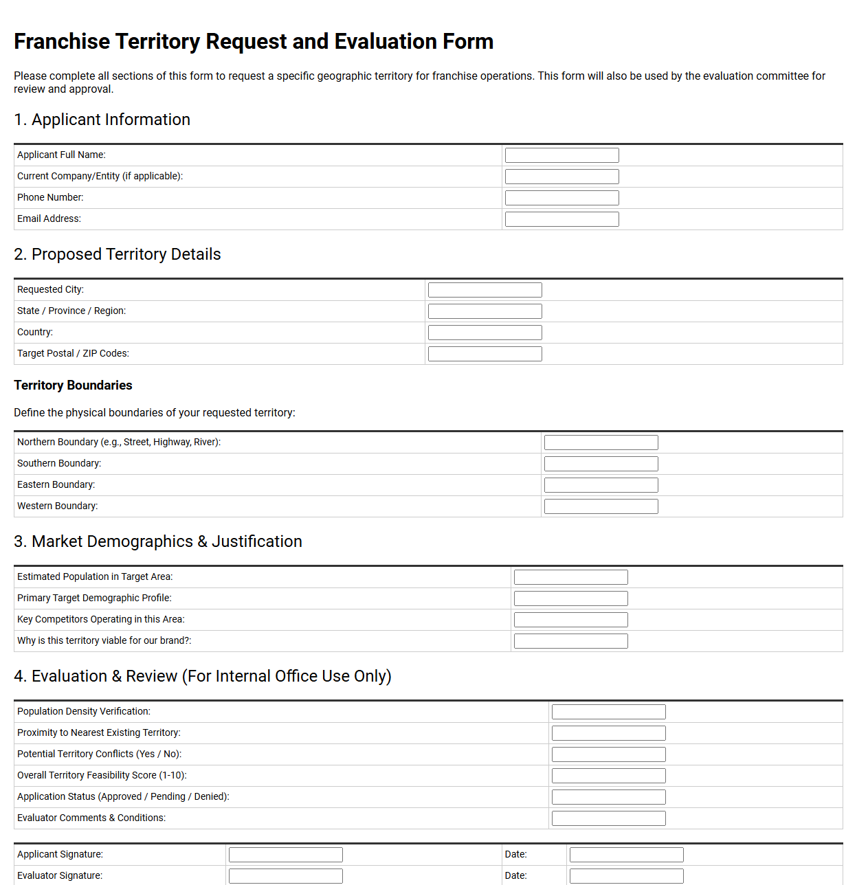 Franchise Territory Request and Evaluation Form