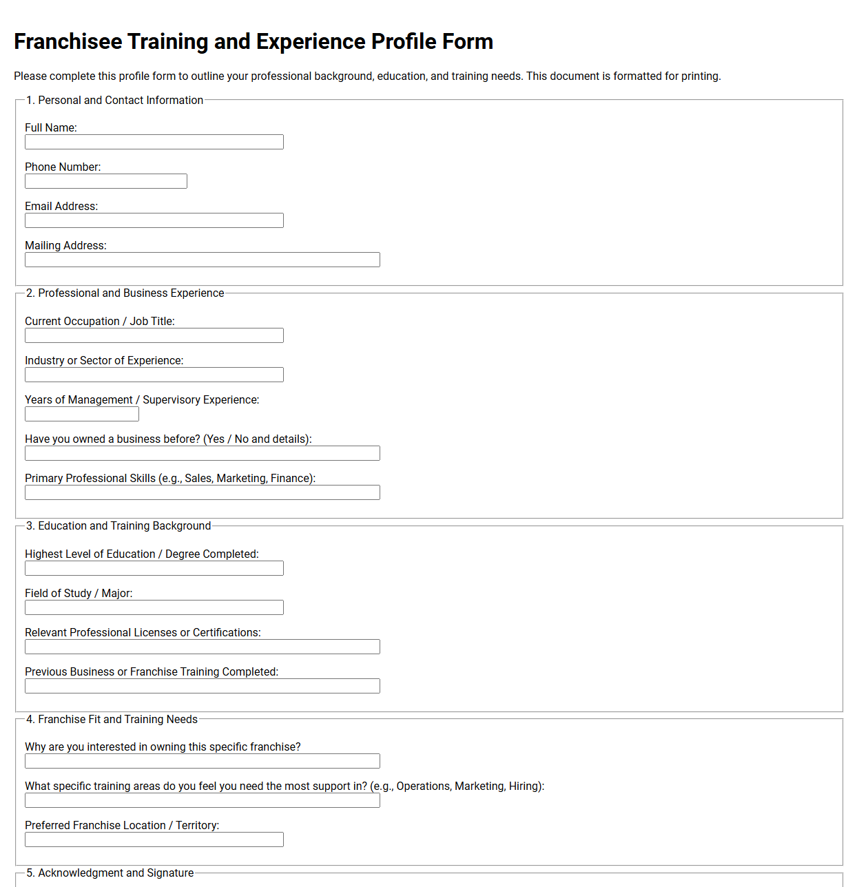 Franchisee Training and Experience Profile Form