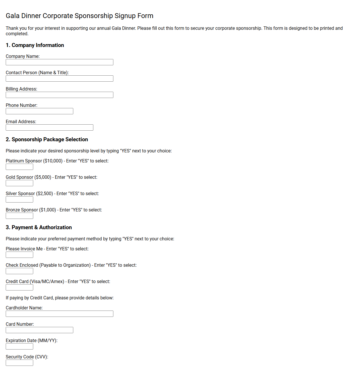 Gala Dinner Corporate Sponsorship Signup Form