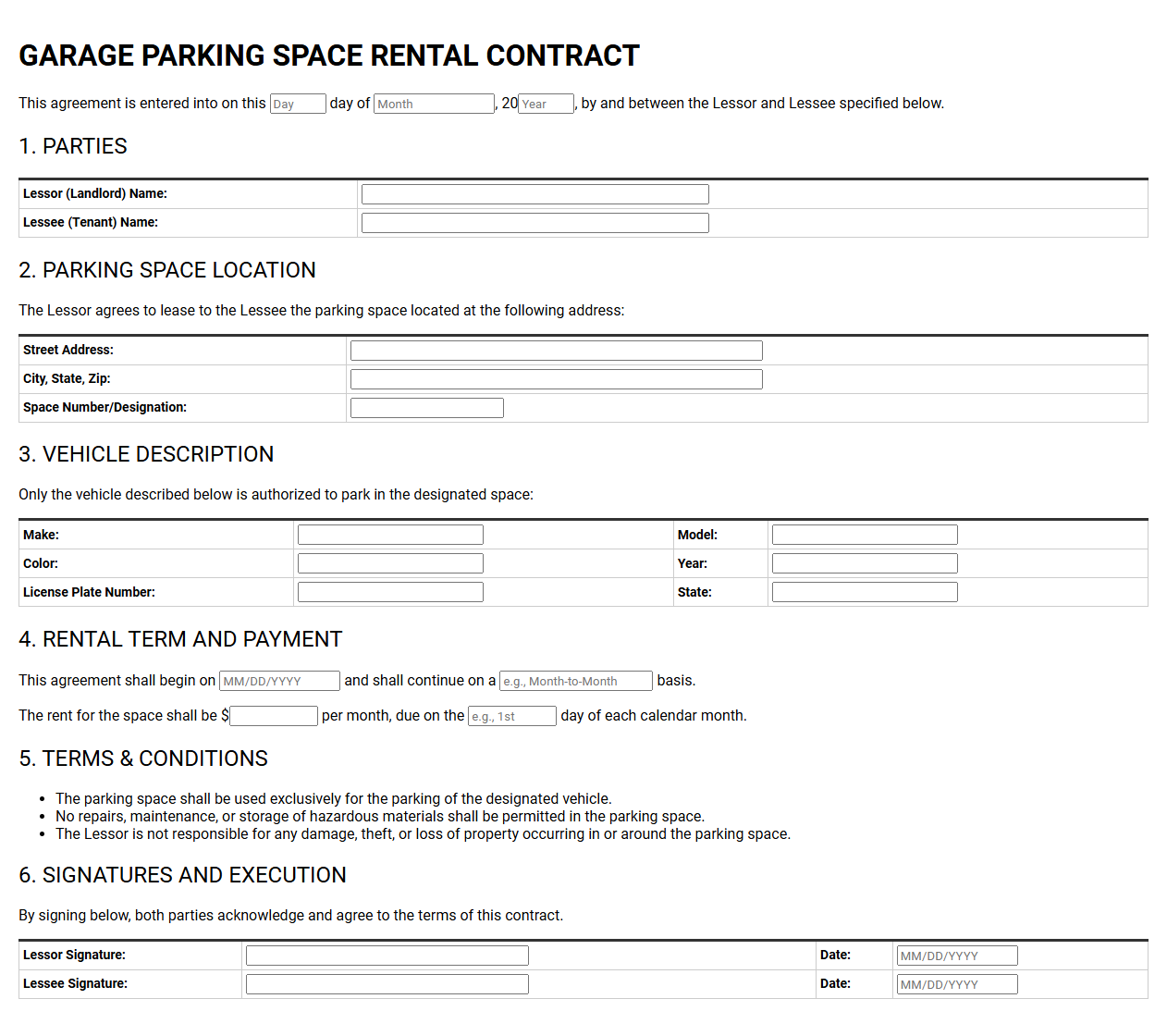 Garage Parking Space Rental Contract Form