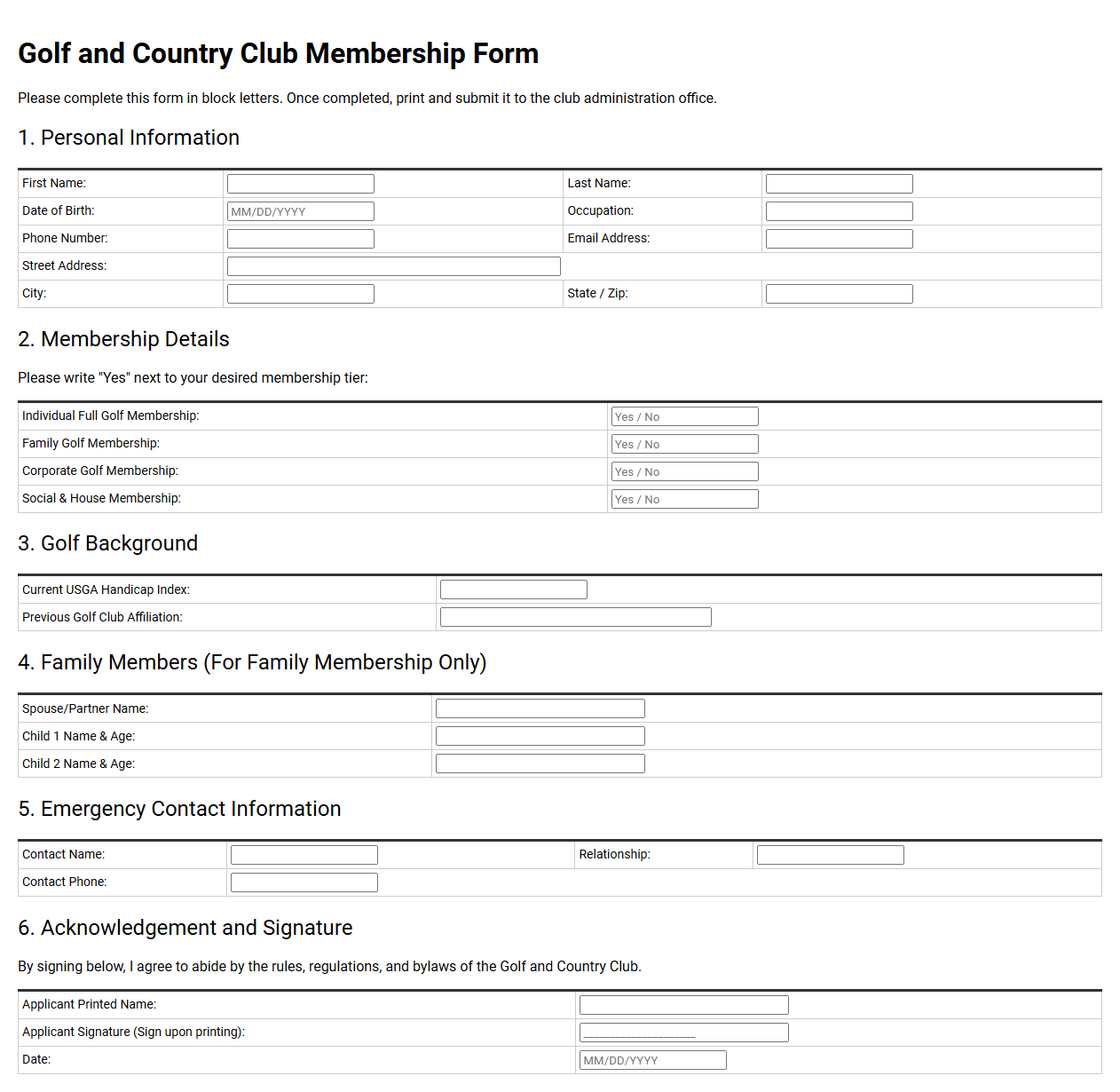 Golf and Country Club Membership Form