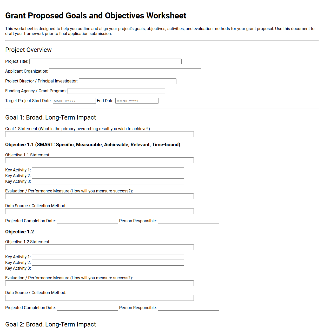 Grant Proposed Goals and Objectives Worksheet