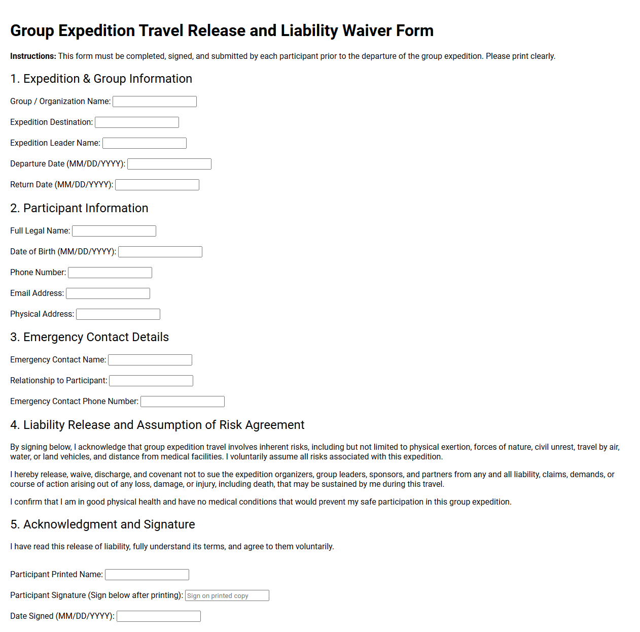 Group Expedition Travel Release Form