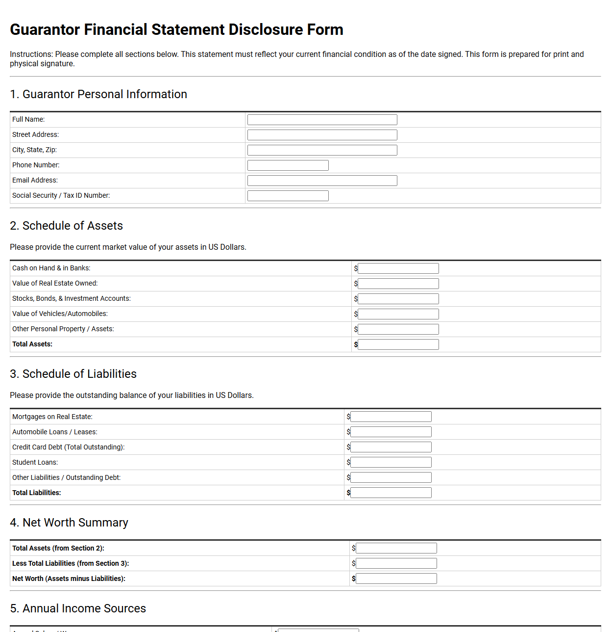Guarantor Financial Statement Disclosure Form
