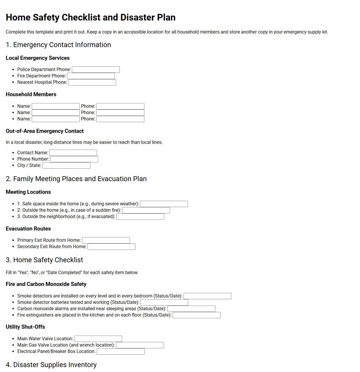 Home Safety Checklist and Disaster Plan