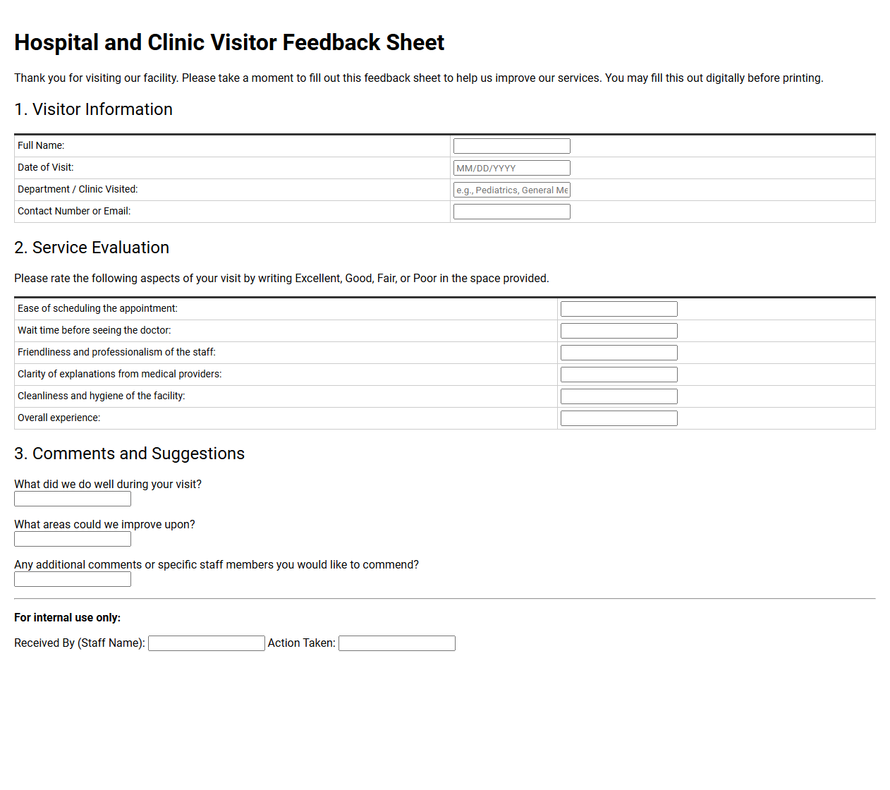 Hospital and Clinic Visitor Feedback Sheet