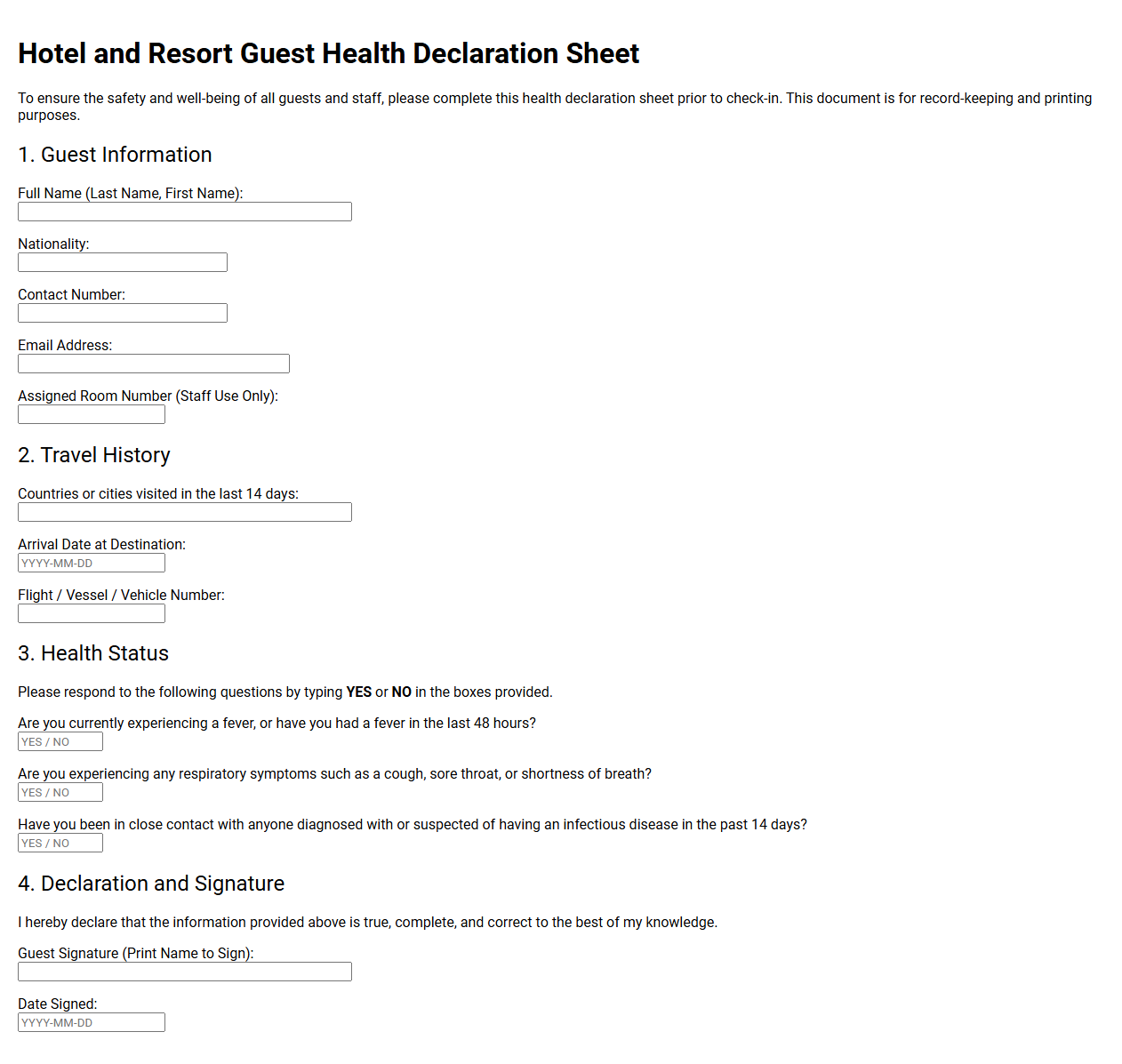 Hotel and Resort Guest Health Declaration Sheet