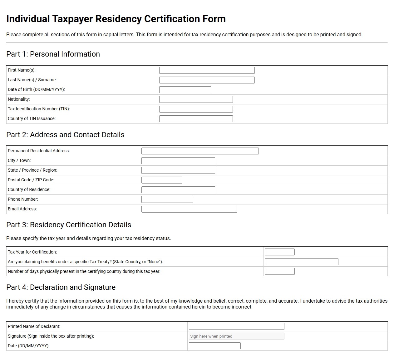 Individual Taxpayer Residency Certification Form