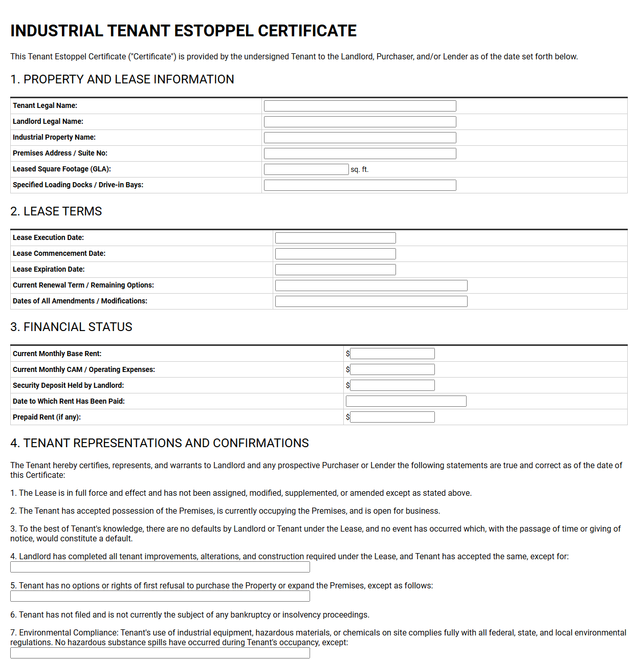 Industrial Tenant Estoppel Certificate Form