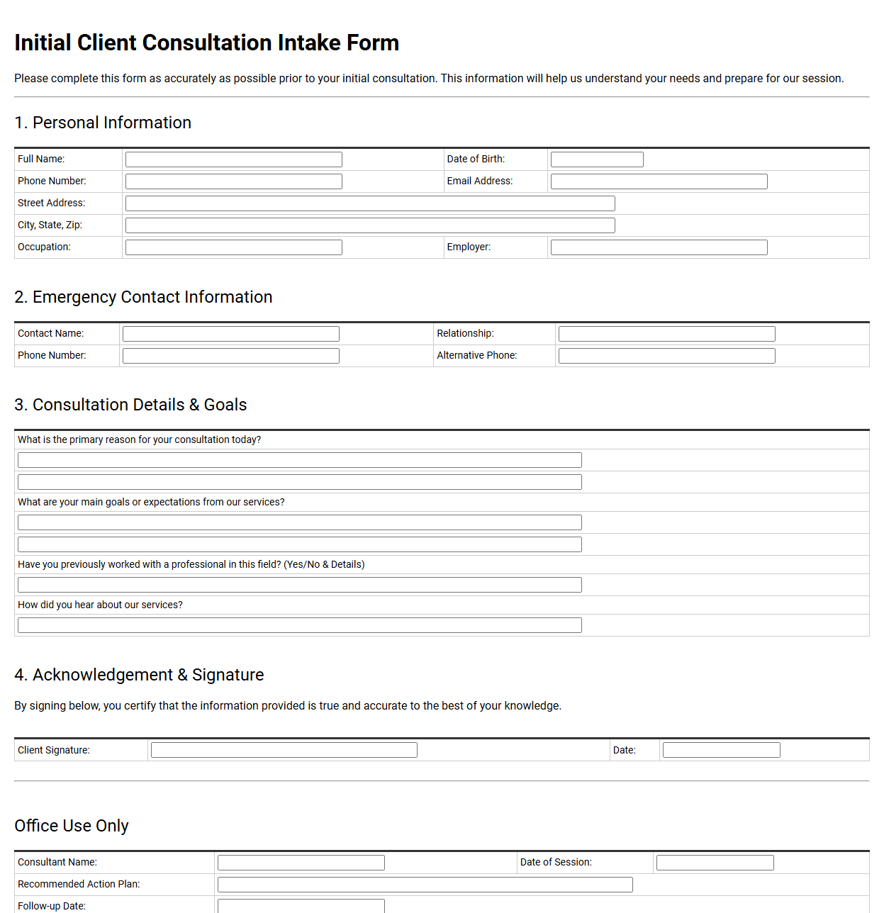 Initial Client Consultation Intake Form