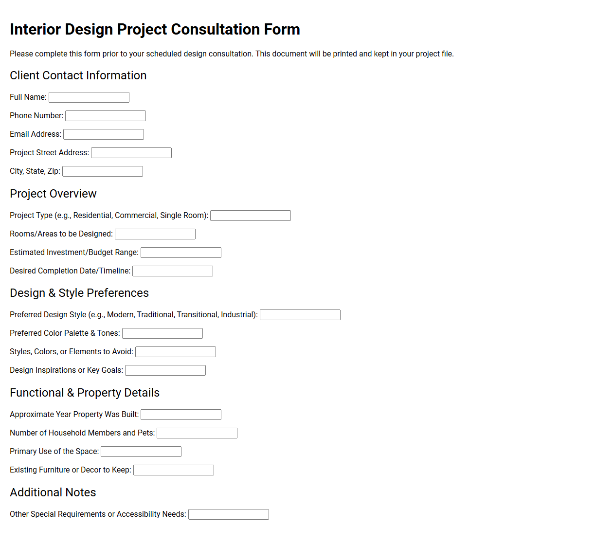 Interior Design Project Consultation Form