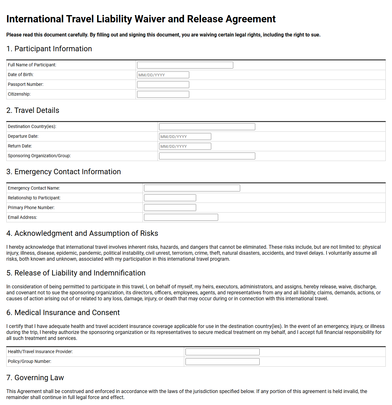 International Travel Liability Waiver Template
