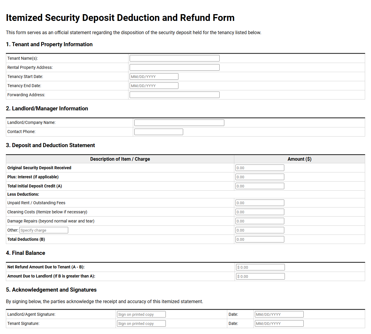 Itemized Security Deposit Deduction and Refund Form