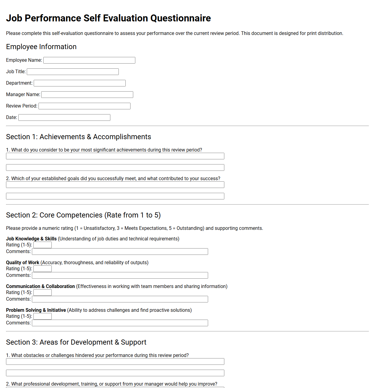 Job Performance Self Evaluation Questionnaire