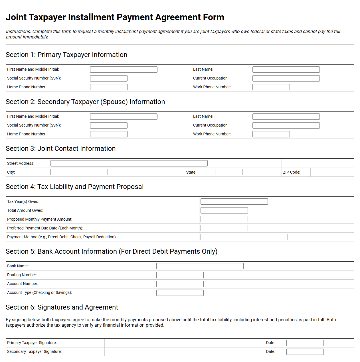 Joint Taxpayer Installment Payment Agreement Form