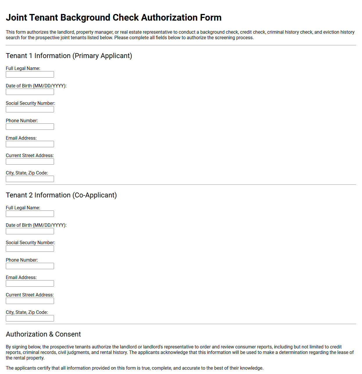 Joint Tenant Background Check Authorization Form