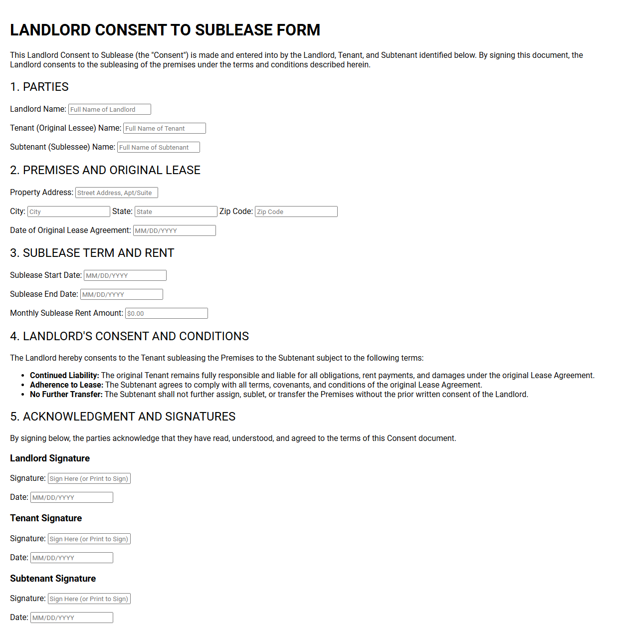 Landlord Consent to Sublease Form