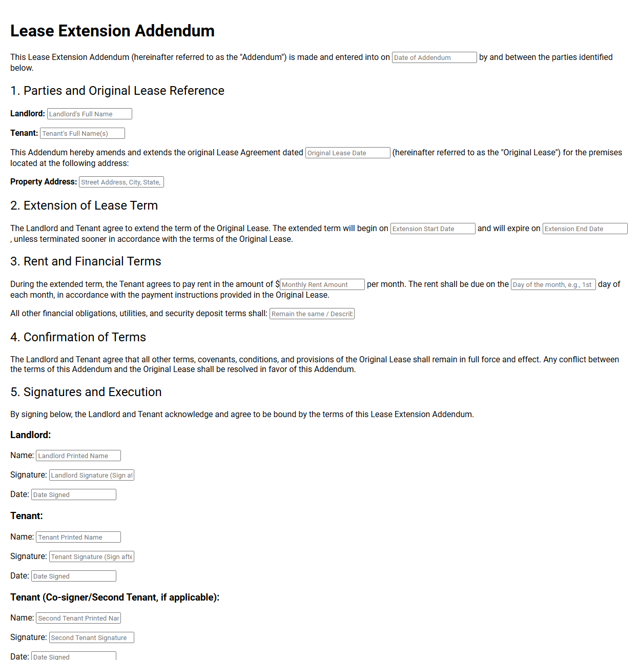 Lease Extension Addendum Printable Template