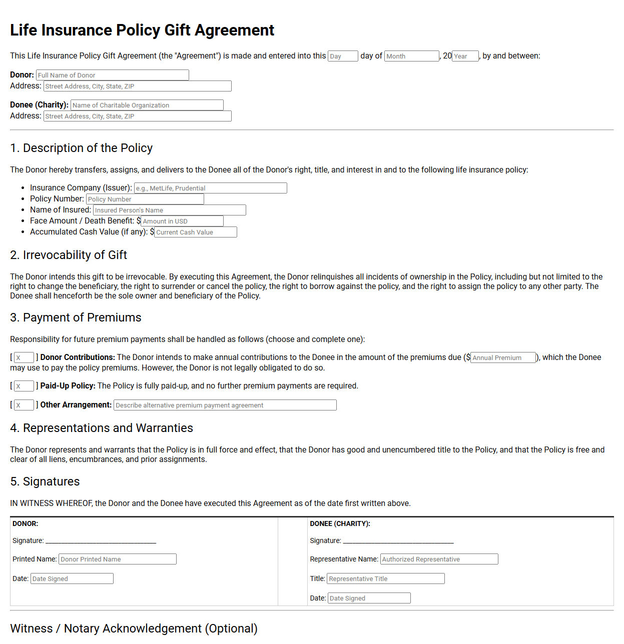 Life Insurance Policy Gift Agreement