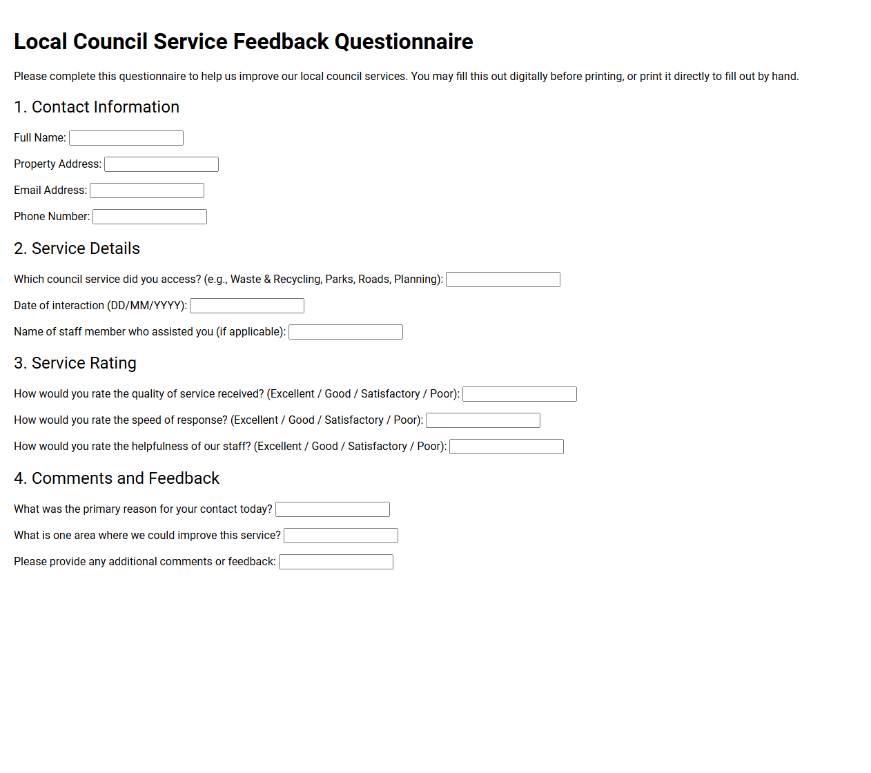 Local Council Service Feedback Questionnaire