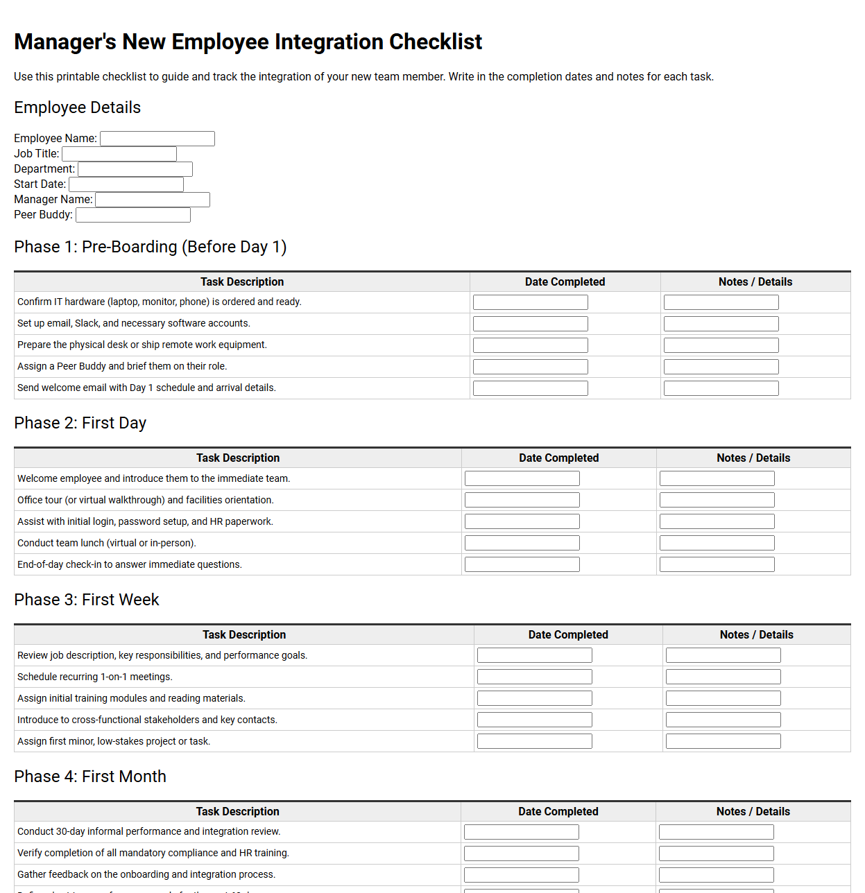 Manager's New Employee Integration Checklist