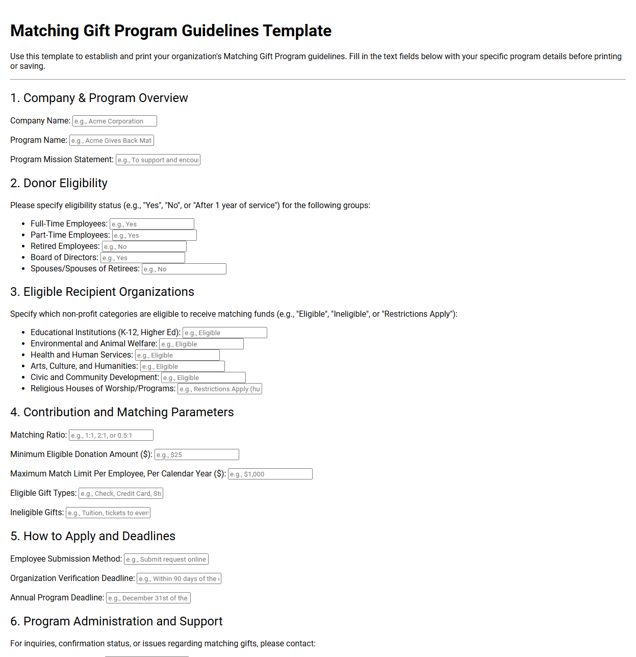 Matching Gift Program Guidelines Template