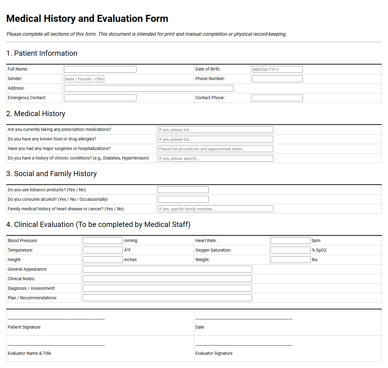 Medical History and Evaluation Form