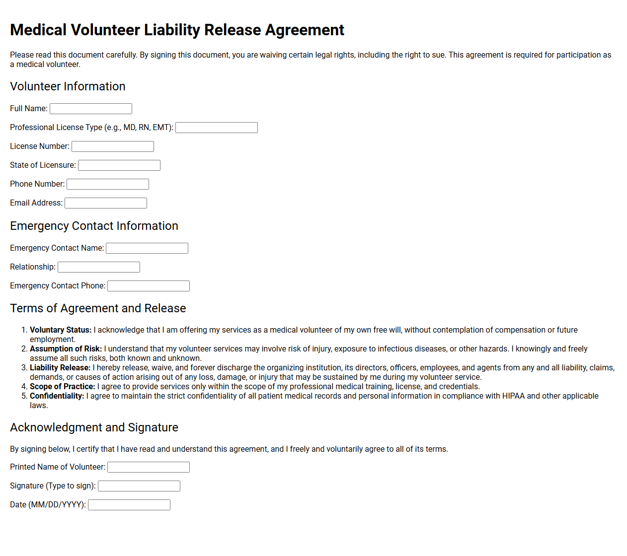 Medical Volunteer Liability Release Agreement