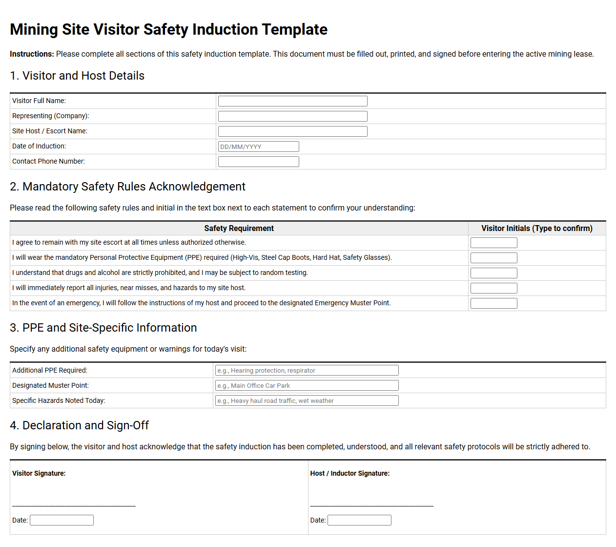 Mining Site Visitor Safety Induction Template