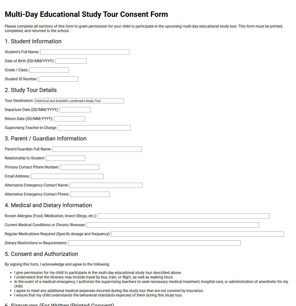 Multi Day Educational Study Tour Consent Form