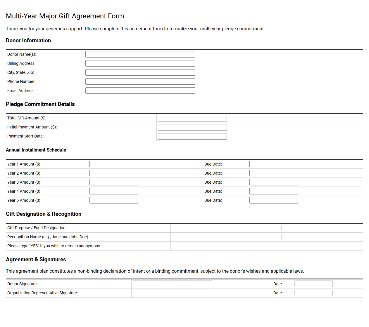 Multi Year Major Gift Agreement Form