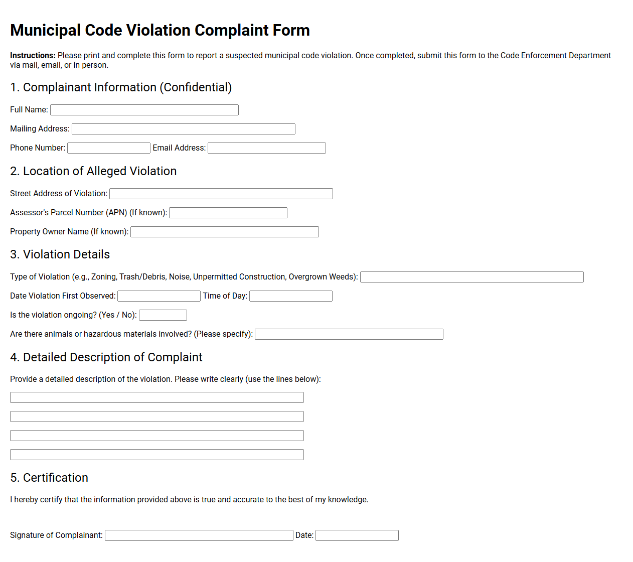 Municipal Code Violation Complaint Form Template